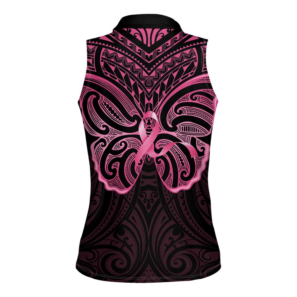 New Zealand Breast Cancer Awareness Women Sleeveless Polo Shirt Maori Butterfly Pink Ribbon Black Version - Polynesian Pride