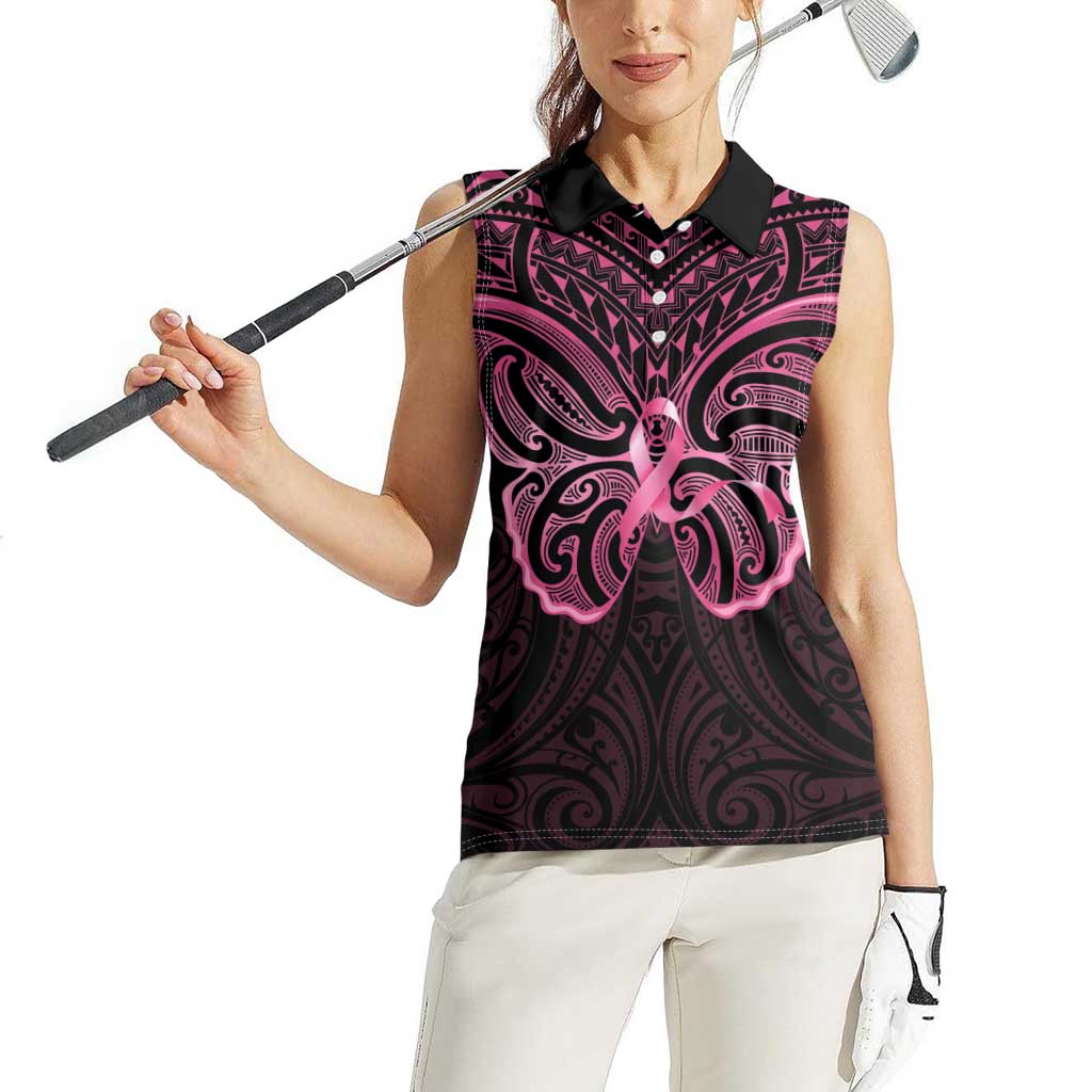 New Zealand Breast Cancer Awareness Women Sleeveless Polo Shirt Maori Butterfly Pink Ribbon Black Version - Polynesian Pride