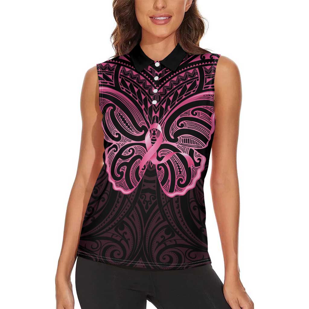 New Zealand Breast Cancer Awareness Women Sleeveless Polo Shirt Maori Butterfly Pink Ribbon Black Version - Polynesian Pride
