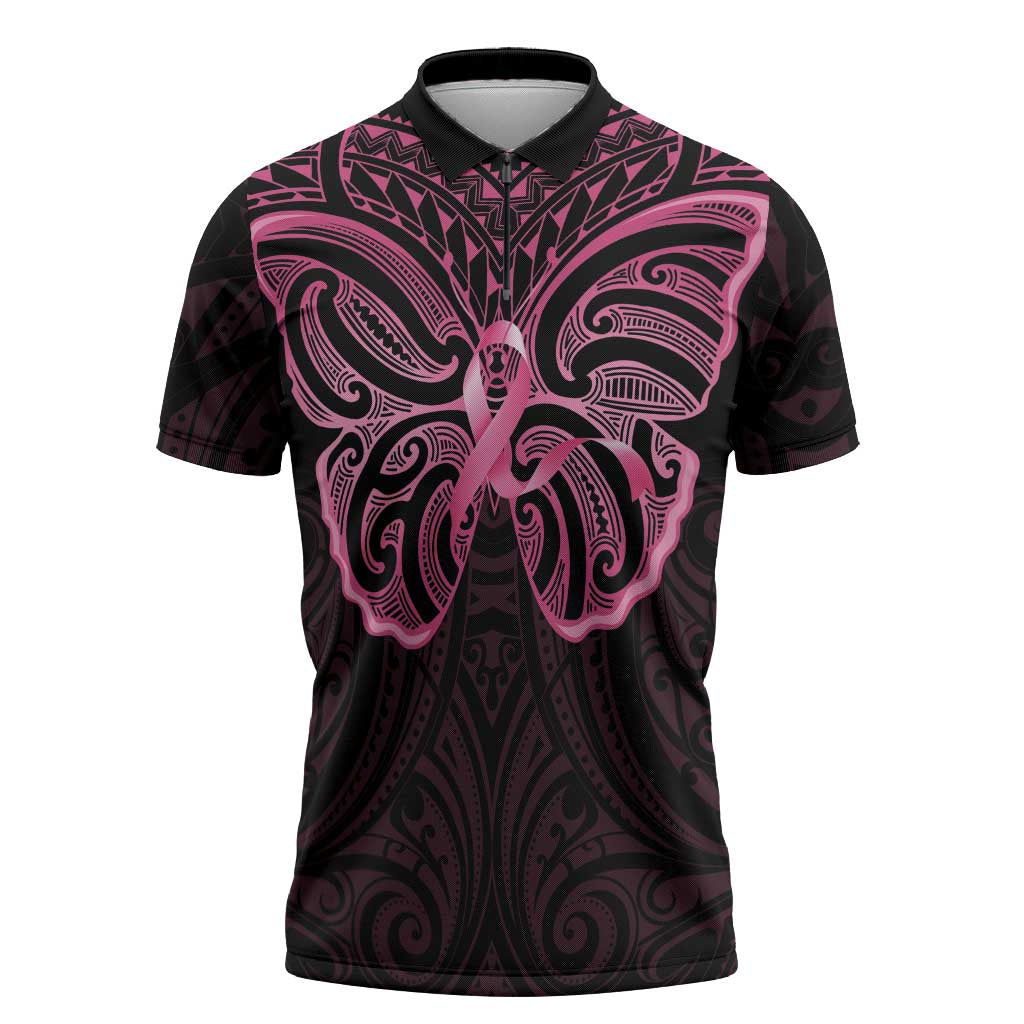 New Zealand Breast Cancer Awareness Zipper Polo Shirt Maori Butterfly Pink Ribbon Black Version - Polynesian Pride