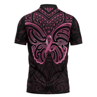New Zealand Breast Cancer Awareness Zipper Polo Shirt Maori Butterfly Pink Ribbon Black Version - Polynesian Pride