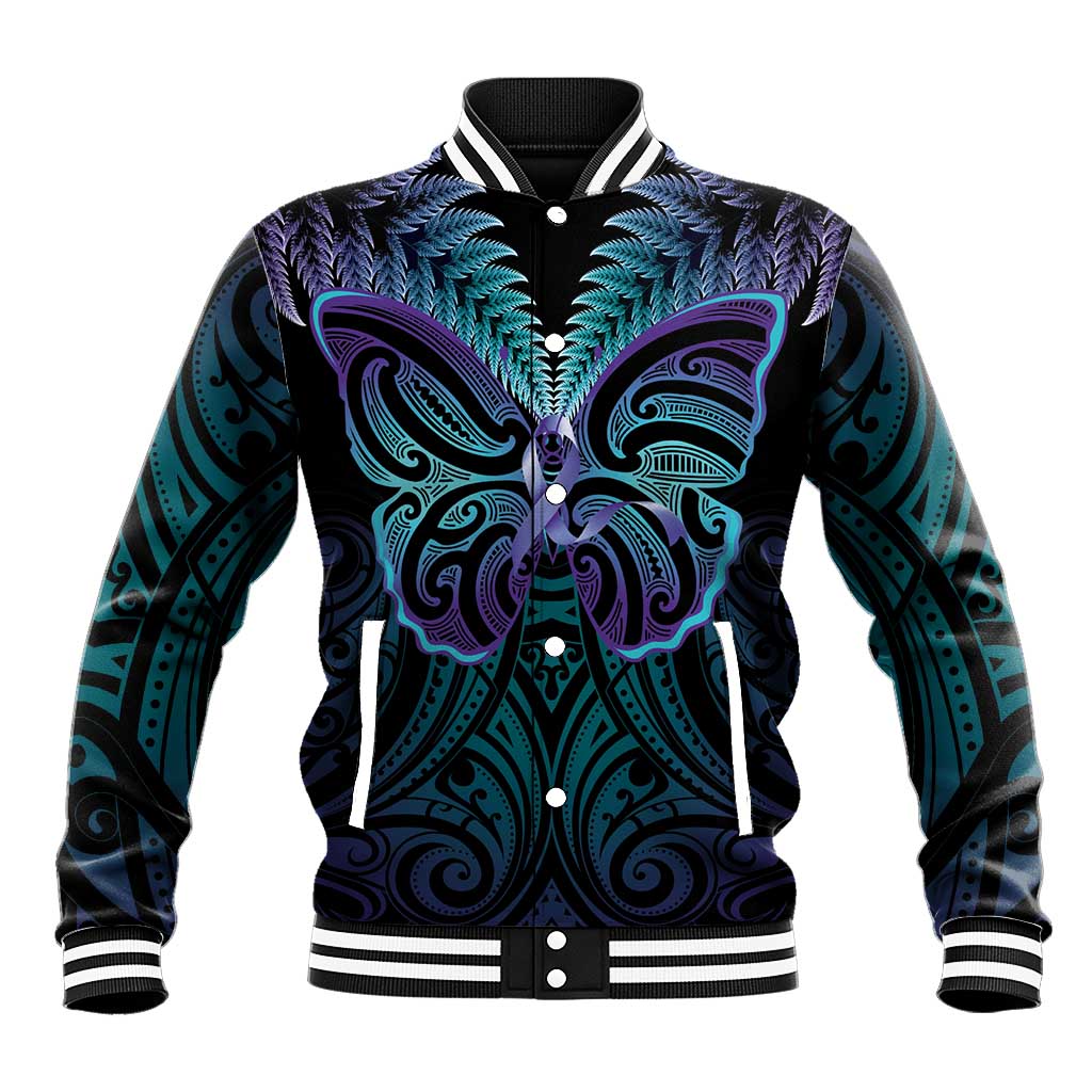 Suicide Prevention New Zealand Baseball Jacket Aotearoa Maori Butterfly Mix Silver Fern - Polynesian Pride