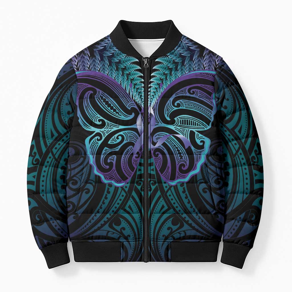 Suicide Prevention New Zealand Bomber Puffer Jacket Aotearoa Maori Butterfly Mix Silver Fern - Polynesian Pride