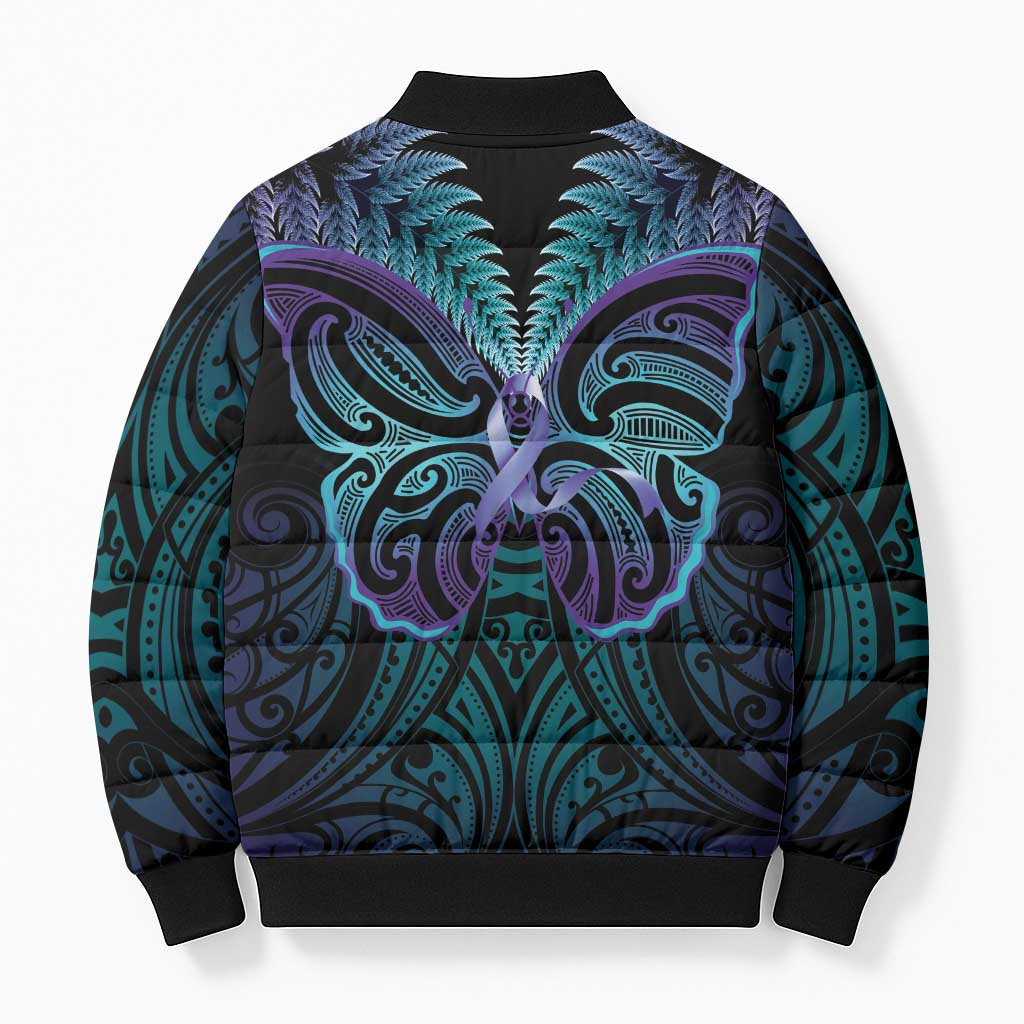 Suicide Prevention New Zealand Bomber Puffer Jacket Aotearoa Maori Butterfly Mix Silver Fern - Polynesian Pride