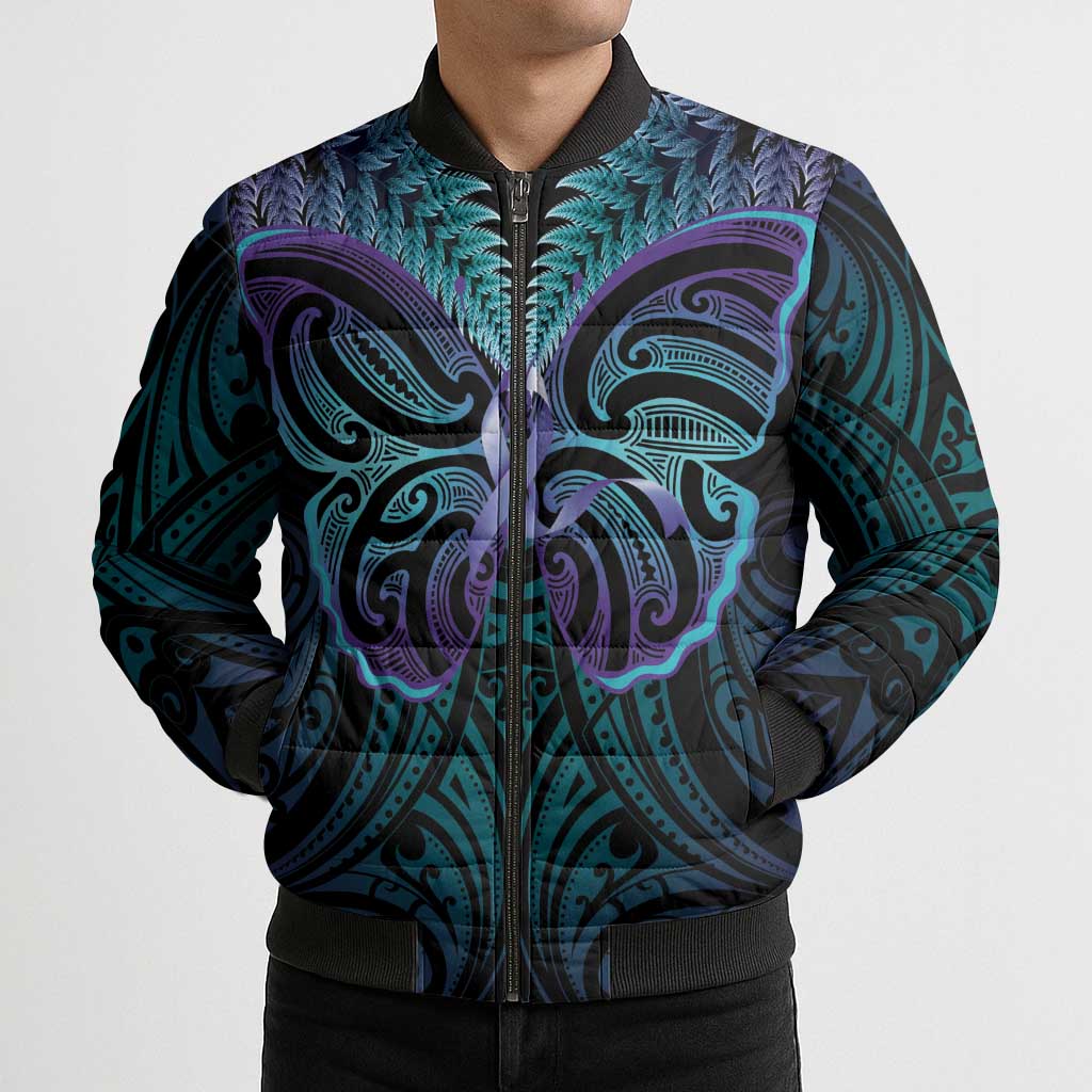 Suicide Prevention New Zealand Bomber Puffer Jacket Aotearoa Maori Butterfly Mix Silver Fern - Polynesian Pride