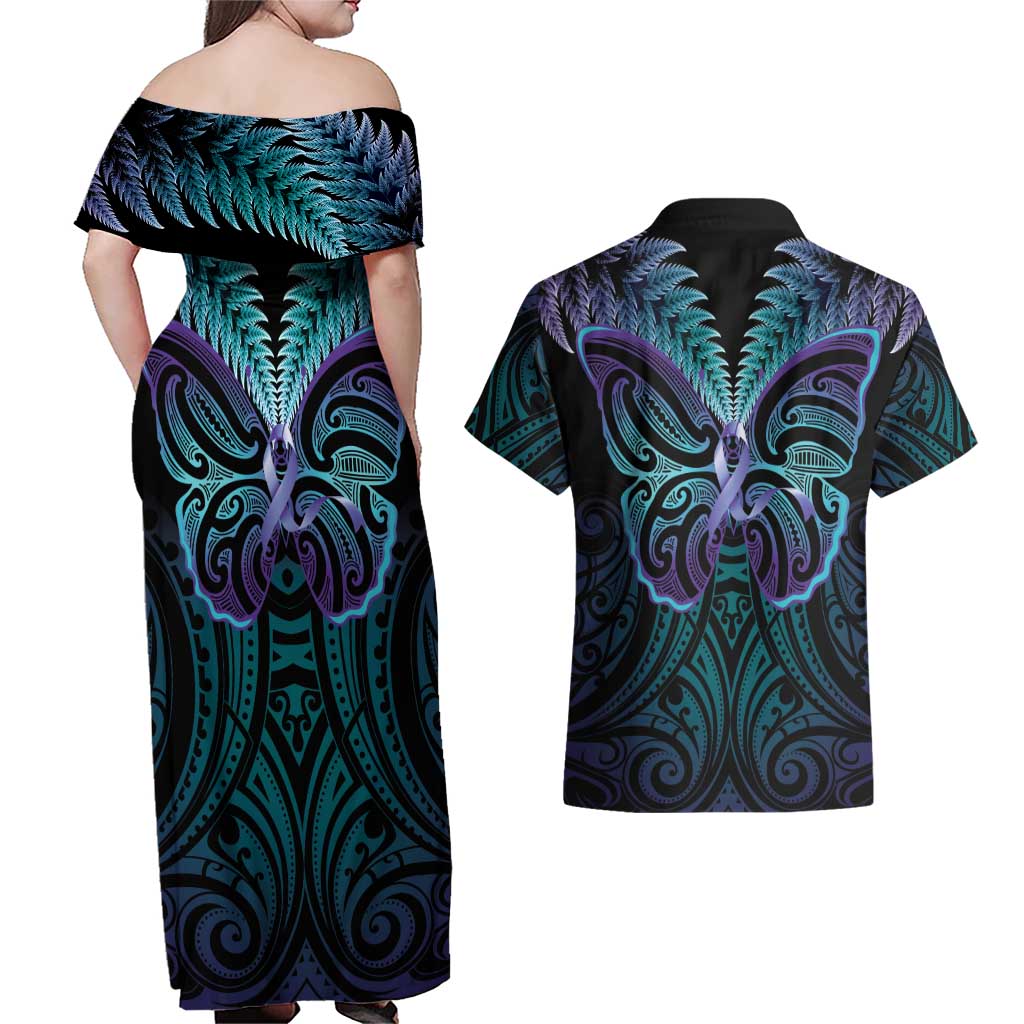 Suicide Prevention New Zealand Couples Matching Off Shoulder Maxi Dress and Hawaiian Shirt Aotearoa Maori Butterfly Mix Silver Fern - Polynesian Pride