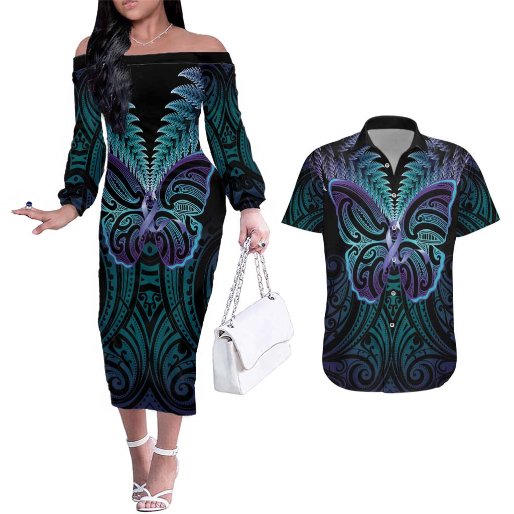 Suicide Prevention New Zealand Couples Matching Off The Shoulder Long Sleeve Dress and Hawaiian Shirt Aotearoa Maori Butterfly Mix Silver Fern - Polynesian Pride