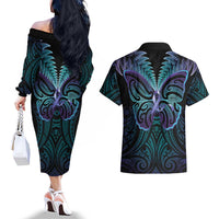 Suicide Prevention New Zealand Couples Matching Off The Shoulder Long Sleeve Dress and Hawaiian Shirt Aotearoa Maori Butterfly Mix Silver Fern - Polynesian Pride