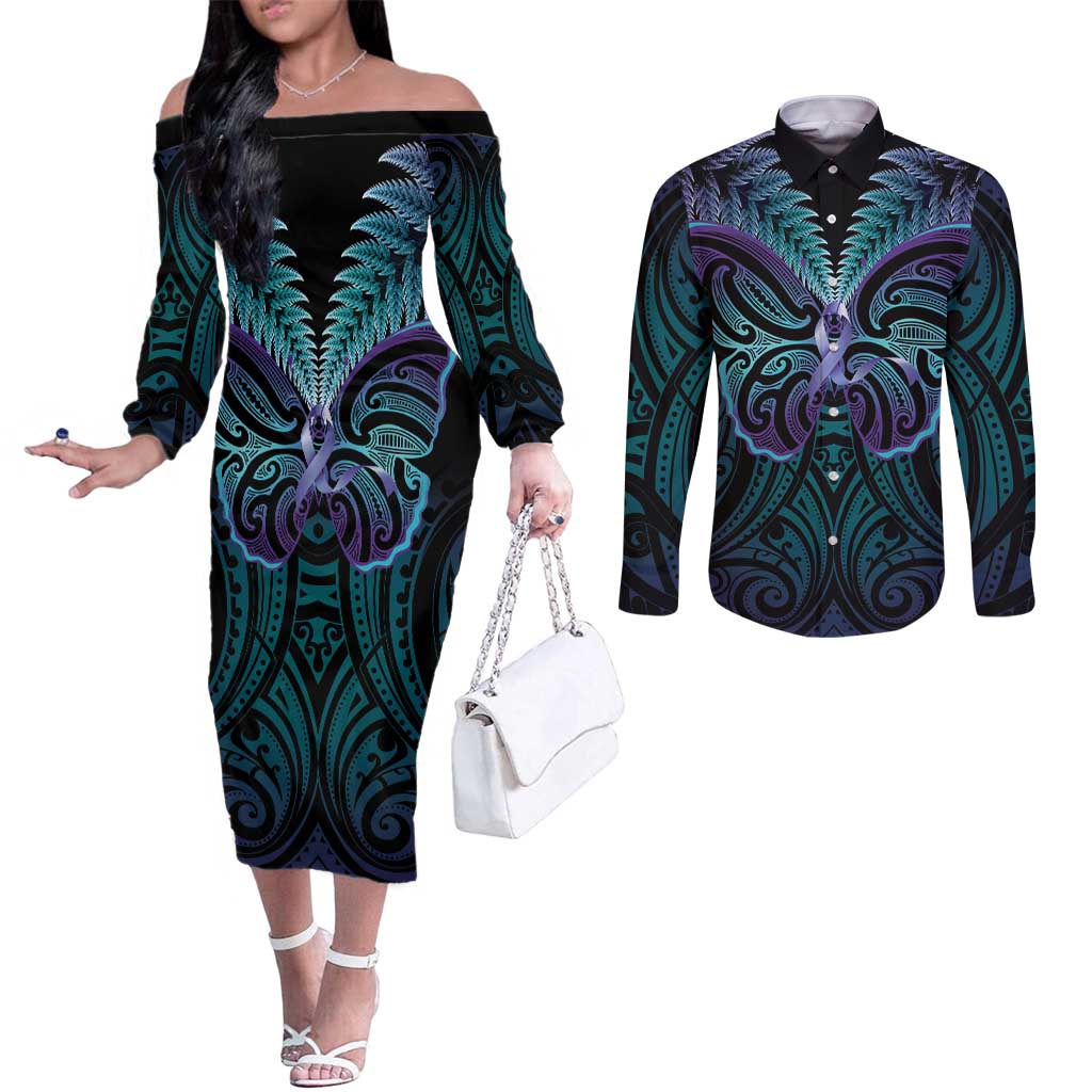 Suicide Prevention New Zealand Couples Matching Off The Shoulder Long Sleeve Dress and Long Sleeve Button Shirt Aotearoa Maori Butterfly Mix Silver Fern - Polynesian Pride