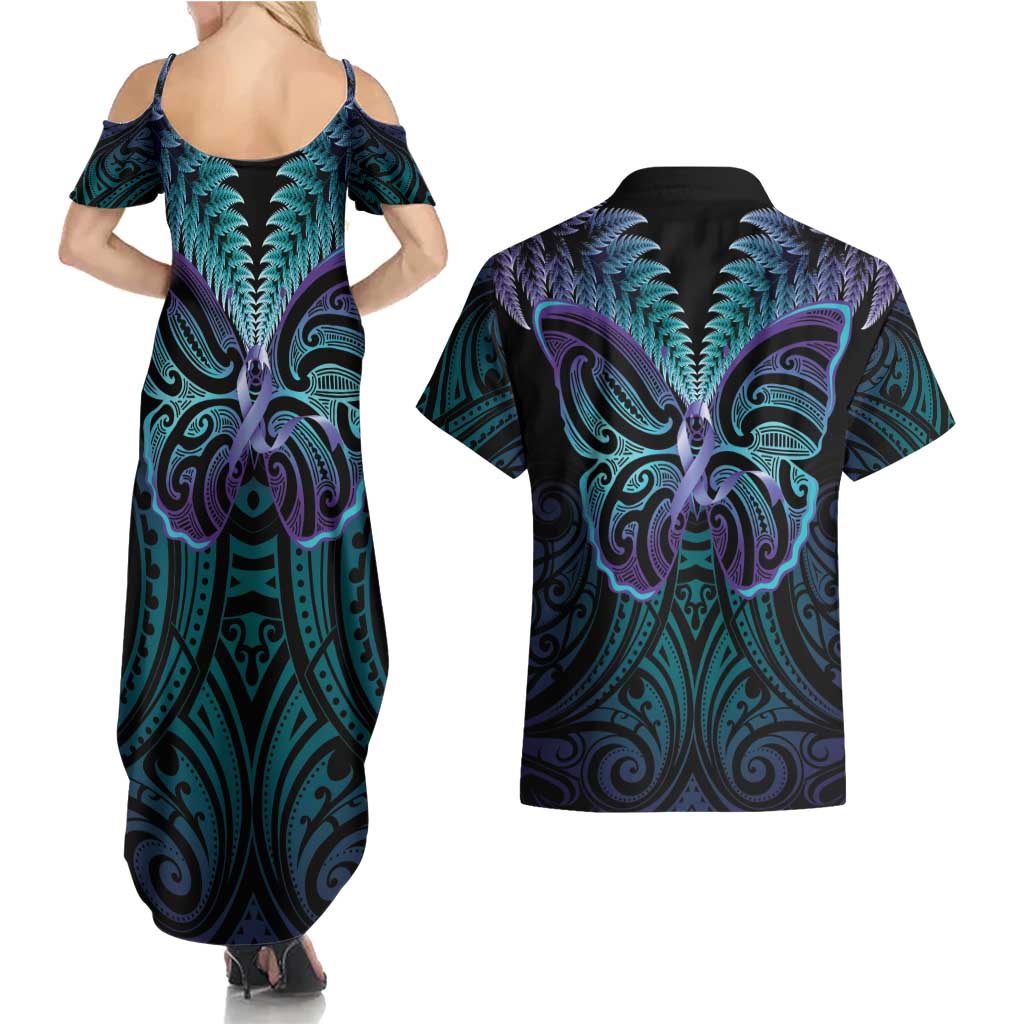 Suicide Prevention New Zealand Couples Matching Summer Maxi Dress and Hawaiian Shirt Aotearoa Maori Butterfly Mix Silver Fern - Polynesian Pride