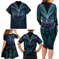 Suicide Prevention New Zealand Family Matching Long Sleeve Bodycon Dress and Hawaiian Shirt Aotearoa Maori Butterfly Mix Silver Fern - Polynesian Pride