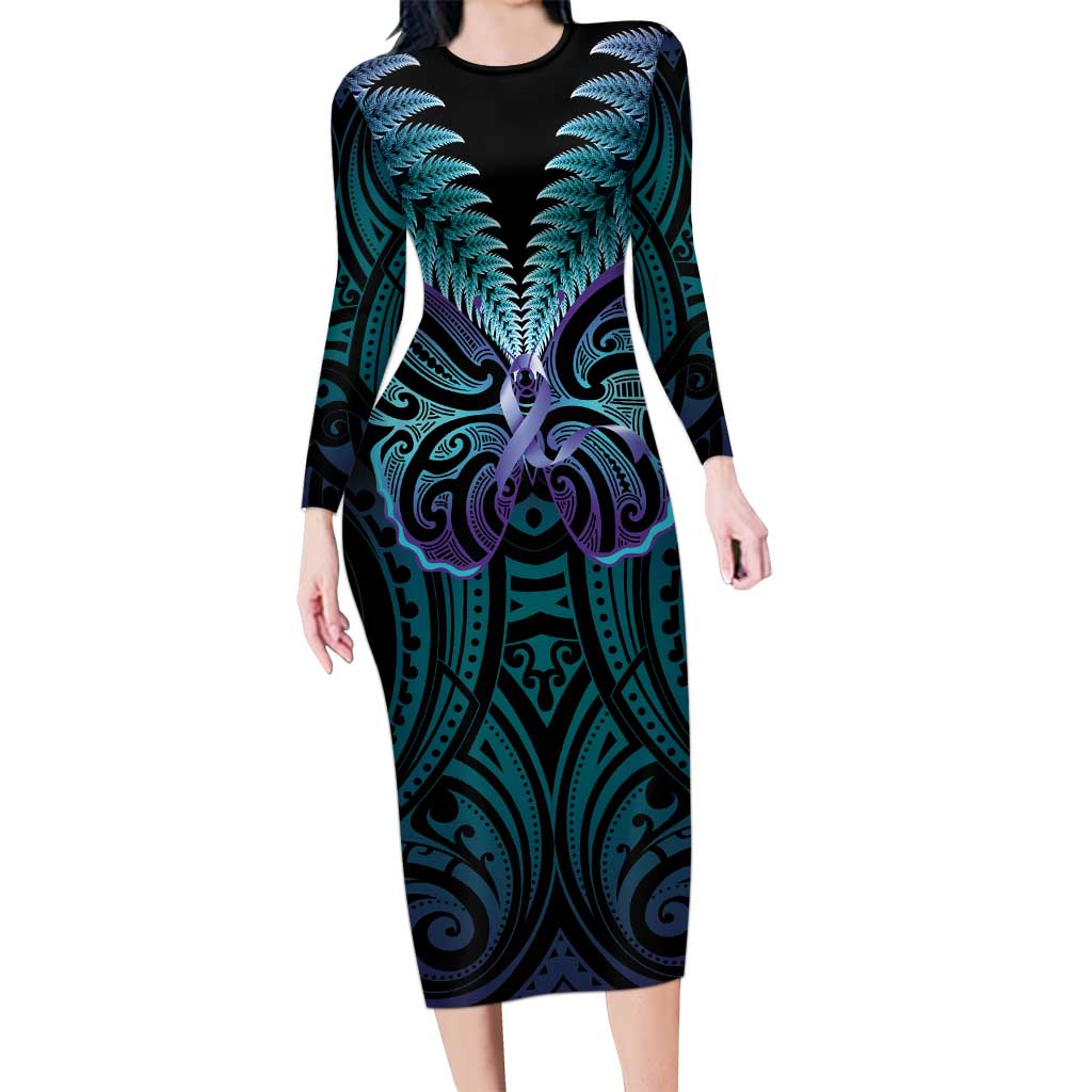 Suicide Prevention New Zealand Family Matching Long Sleeve Bodycon Dress and Hawaiian Shirt Aotearoa Maori Butterfly Mix Silver Fern - Polynesian Pride