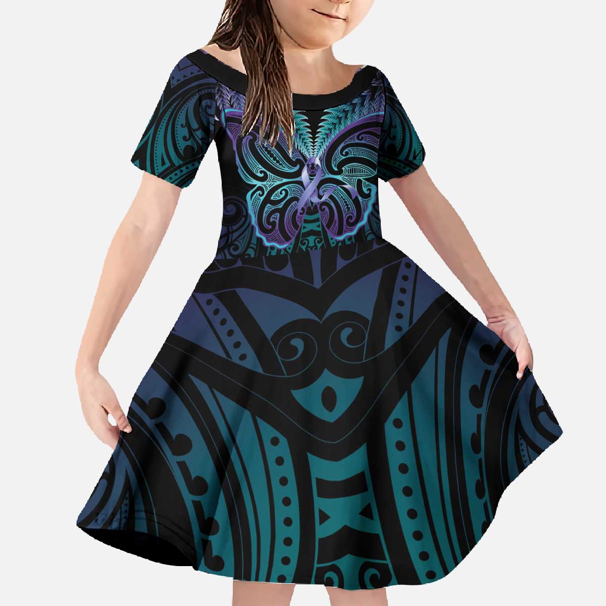 Suicide Prevention New Zealand Family Matching Off The Shoulder Long Sleeve Dress and Hawaiian Shirt Aotearoa Maori Butterfly Mix Silver Fern - Polynesian Pride