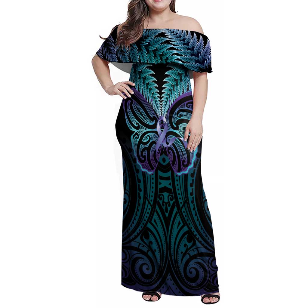 Suicide Prevention New Zealand Family Matching Off Shoulder Maxi Dress and Hawaiian Shirt Aotearoa Maori Butterfly Mix Silver Fern - Polynesian Pride