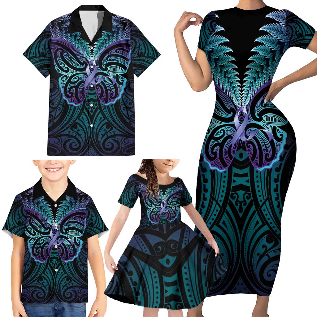 Suicide Prevention New Zealand Family Matching Short Sleeve Bodycon Dress and Hawaiian Shirt Aotearoa Maori Butterfly Mix Silver Fern - Polynesian Pride