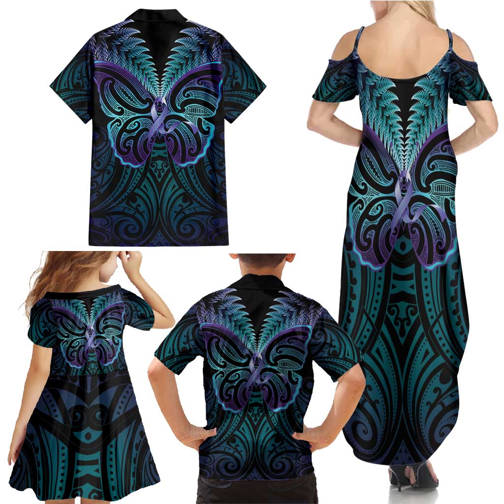 Suicide Prevention New Zealand Family Matching Summer Maxi Dress and Hawaiian Shirt Aotearoa Maori Butterfly Mix Silver Fern - Polynesian Pride