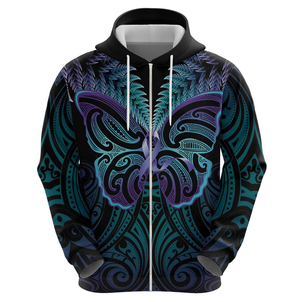 Suicide Prevention New Zealand Hoodie Aotearoa Maori Butterfly Mix Silver Fern - Polynesian Pride