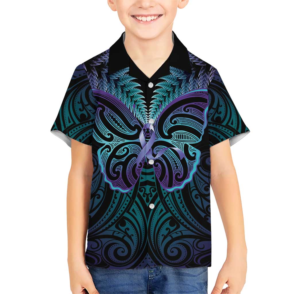 Suicide Prevention New Zealand Kid Hawaiian Shirt Aotearoa Maori Butterfly Mix Silver Fern - Polynesian Pride