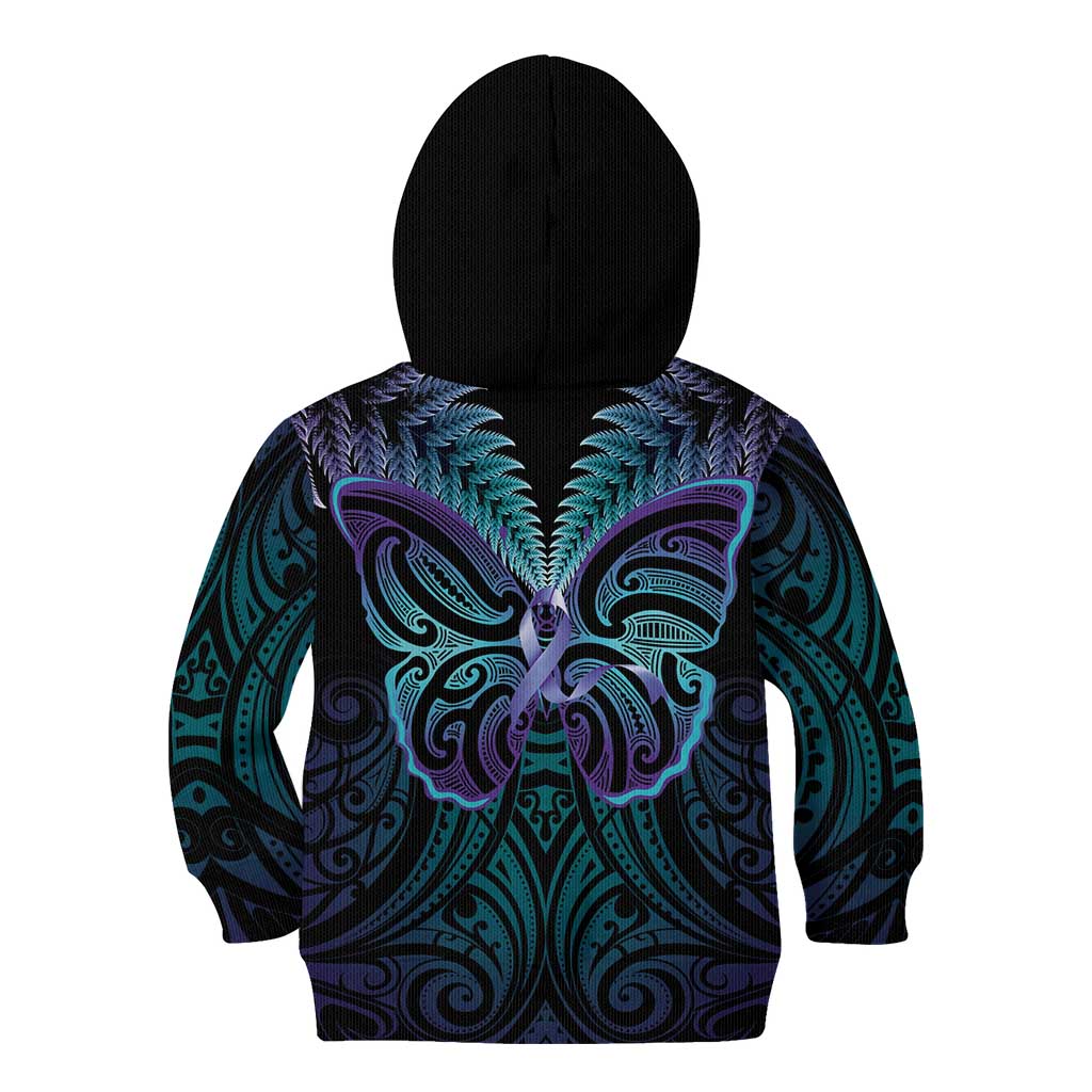 Suicide Prevention New Zealand Kid Hoodie Aotearoa Maori Butterfly Mix Silver Fern - Polynesian Pride