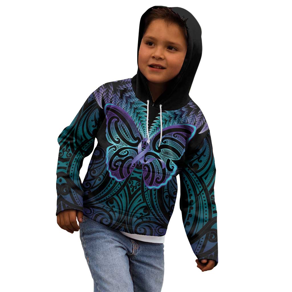 Suicide Prevention New Zealand Kid Hoodie Aotearoa Maori Butterfly Mix Silver Fern - Polynesian Pride