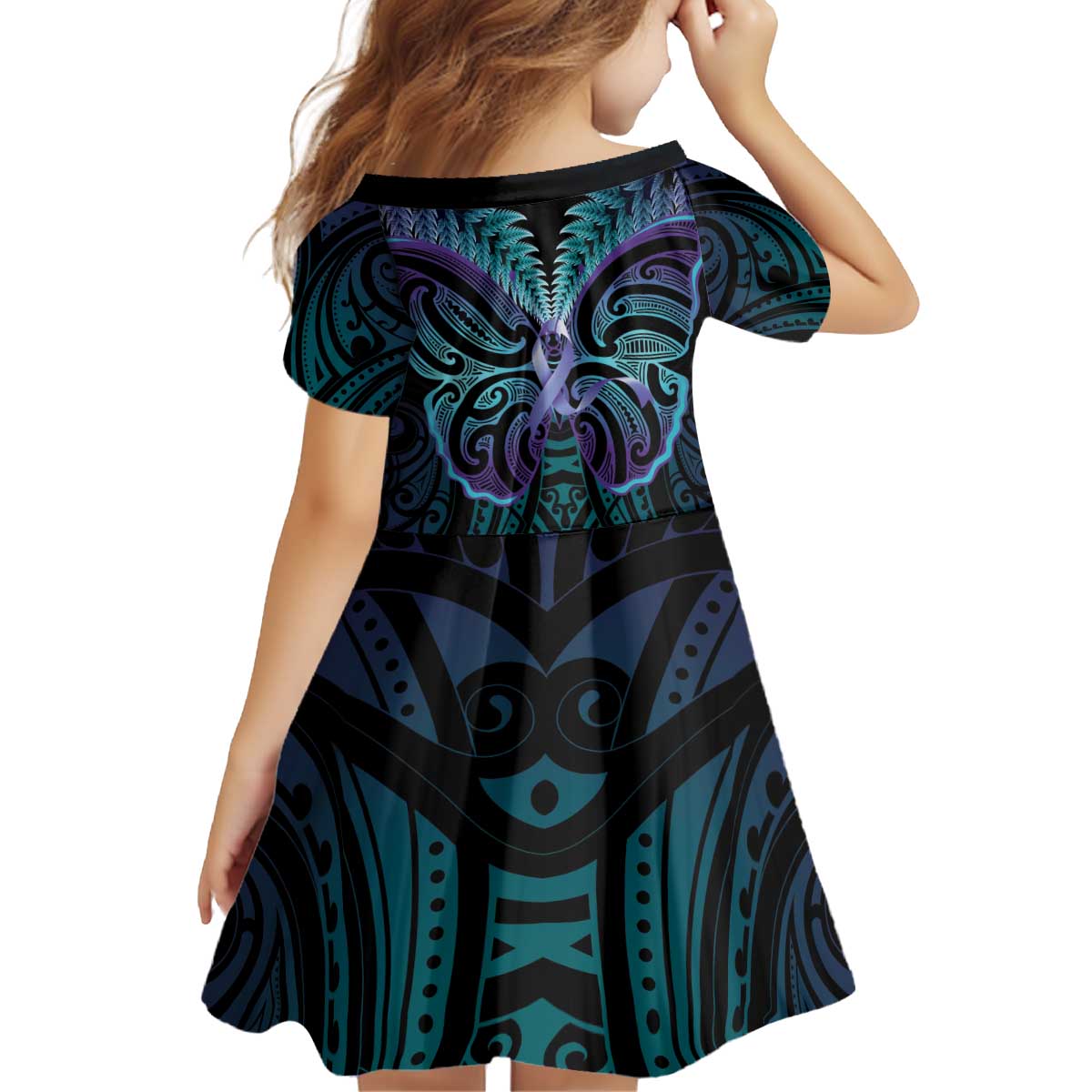 Suicide Prevention New Zealand Kid Short Sleeve Dress Aotearoa Maori Butterfly Mix Silver Fern - Polynesian Pride