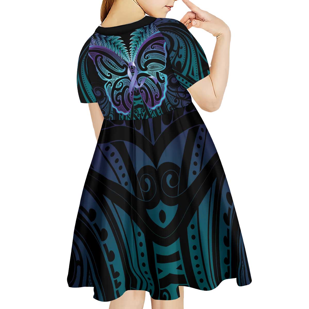 Suicide Prevention New Zealand Kid Short Sleeve Dress Aotearoa Maori Butterfly Mix Silver Fern - Polynesian Pride