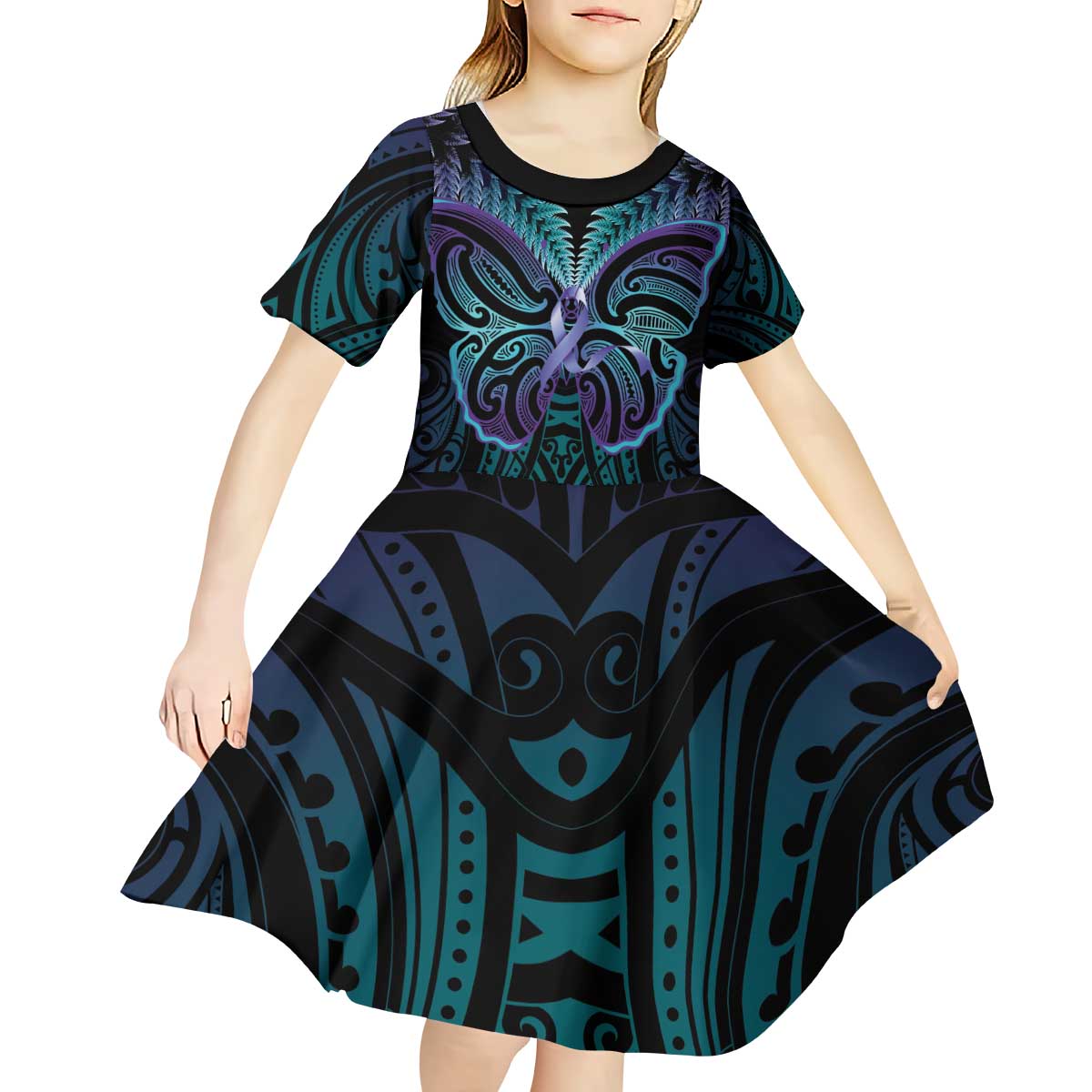 Suicide Prevention New Zealand Kid Short Sleeve Dress Aotearoa Maori Butterfly Mix Silver Fern - Polynesian Pride