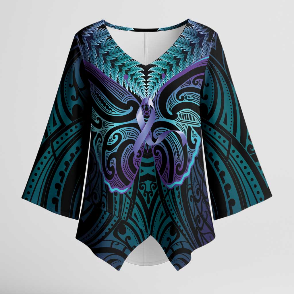 Suicide Prevention New Zealand Kimono Sleeve Blouse Aotearoa Maori Butterfly Mix Silver Fern - Polynesian Pride