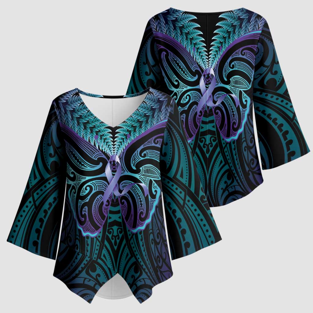 Suicide Prevention New Zealand Kimono Sleeve Blouse Aotearoa Maori Butterfly Mix Silver Fern - Polynesian Pride