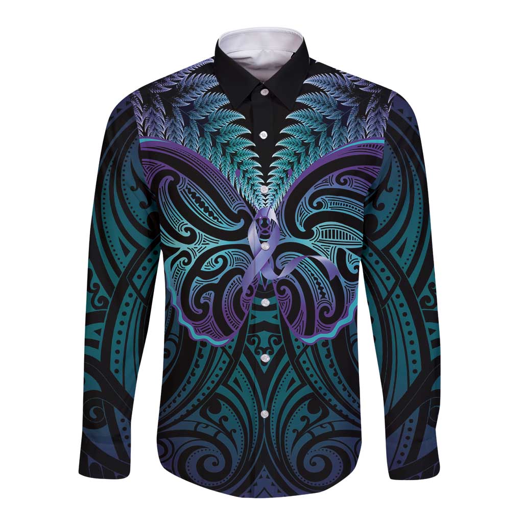 Suicide Prevention New Zealand Long Sleeve Button Shirt Aotearoa Maori Butterfly Mix Silver Fern - Polynesian Pride