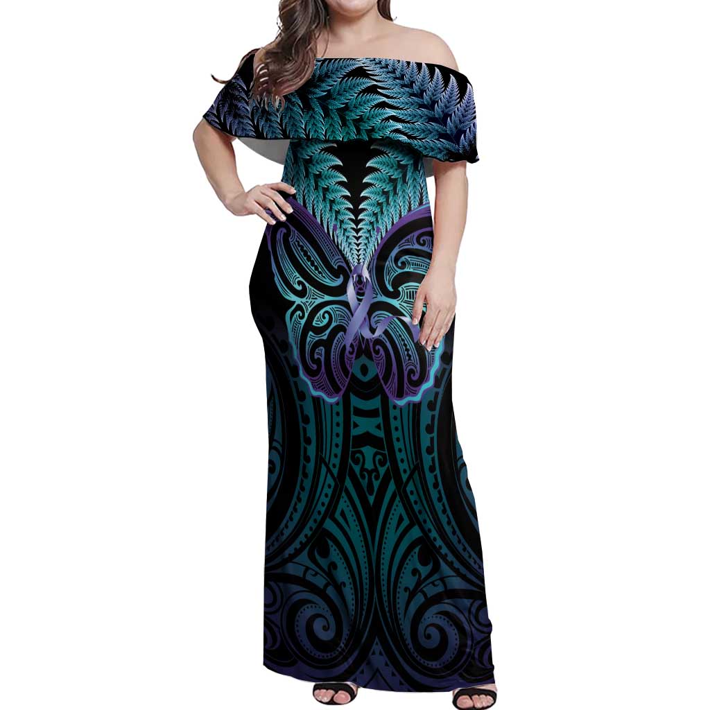 Suicide Prevention New Zealand Off Shoulder Maxi Dress Aotearoa Maori Butterfly Mix Silver Fern - Polynesian Pride
