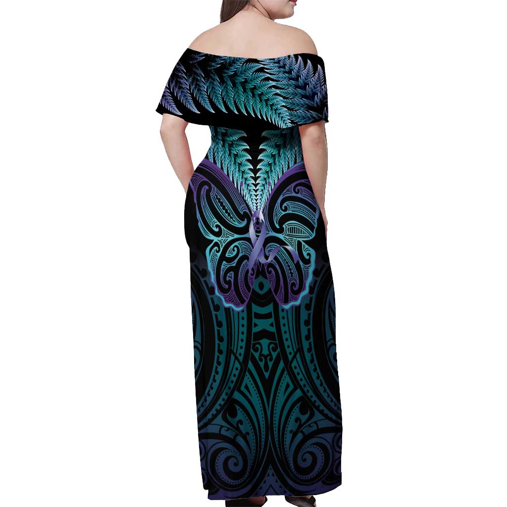 Suicide Prevention New Zealand Off Shoulder Maxi Dress Aotearoa Maori Butterfly Mix Silver Fern - Polynesian Pride