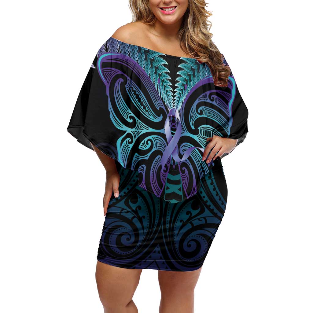 Suicide Prevention New Zealand Off Shoulder Short Dress Aotearoa Maori Butterfly Mix Silver Fern - Polynesian Pride