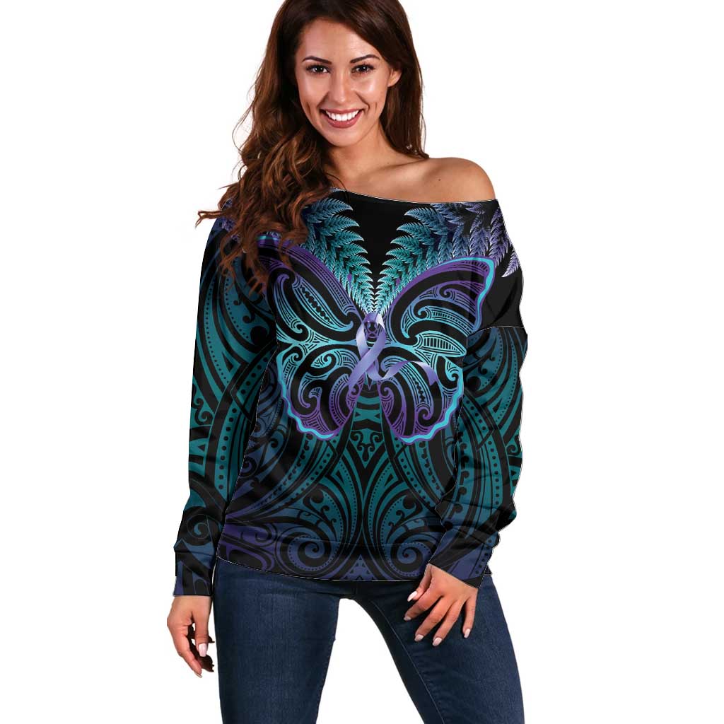 Suicide Prevention New Zealand Off Shoulder Sweater Aotearoa Maori Butterfly Mix Silver Fern - Polynesian Pride