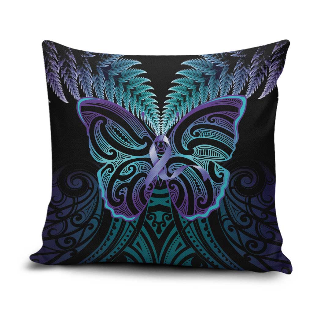 Suicide Prevention New Zealand Pillow Cover Aotearoa Maori Butterfly Mix Silver Fern - Polynesian Pride