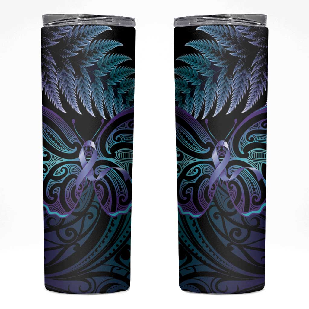 Suicide Prevention New Zealand Skinny Tumbler Aotearoa Maori Butterfly Mix Silver Fern - Polynesian Pride