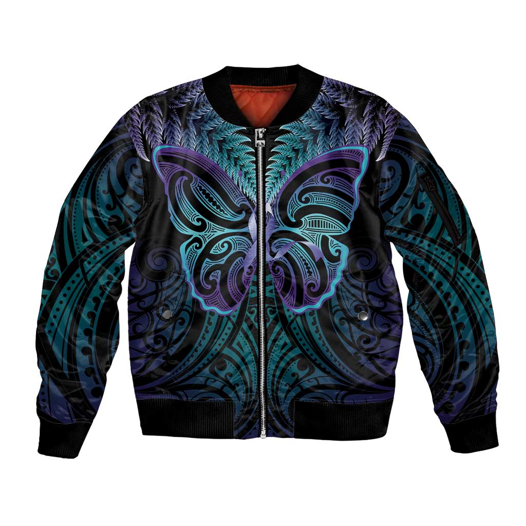 Suicide Prevention New Zealand Sleeve Zip Bomber Jacket Aotearoa Maori Butterfly Mix Silver Fern - Polynesian Pride