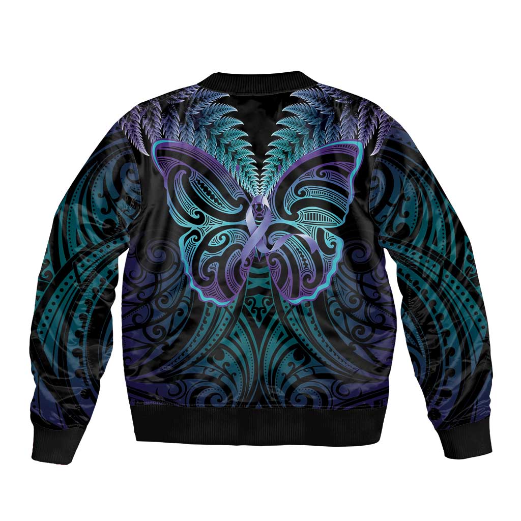 Suicide Prevention New Zealand Sleeve Zip Bomber Jacket Aotearoa Maori Butterfly Mix Silver Fern - Polynesian Pride
