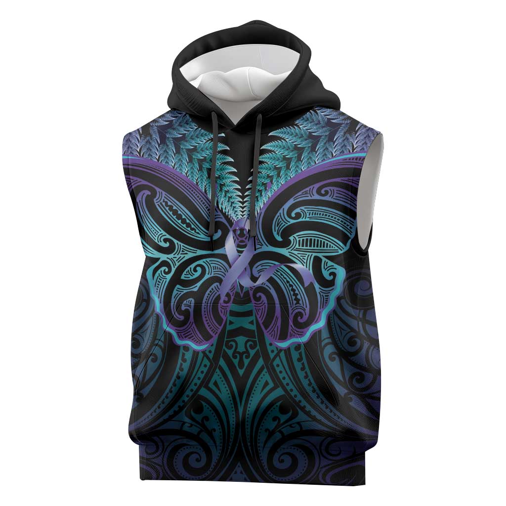 Suicide Prevention New Zealand Sleeveless Hoodie Aotearoa Maori Butterfly Mix Silver Fern - Polynesian Pride