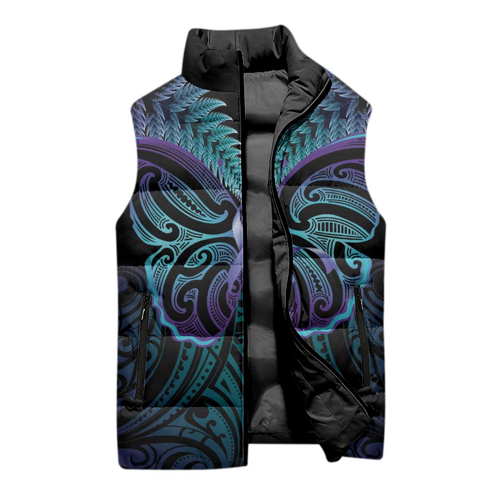 Suicide Prevention New Zealand Sleeveless Puffer Jacket Aotearoa Maori Butterfly Mix Silver Fern - Polynesian Pride