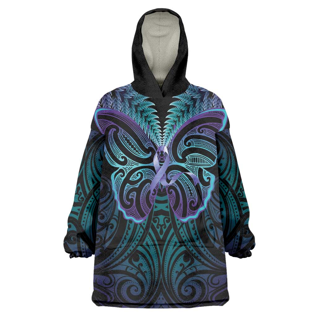 Suicide Prevention New Zealand Wearable Blanket Hoodie Aotearoa Maori Butterfly Mix Silver Fern - Polynesian Pride