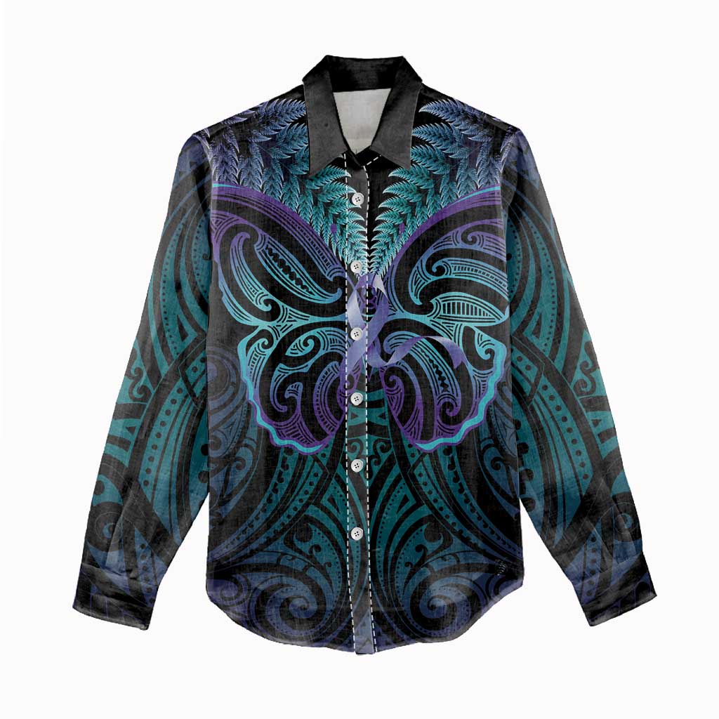 Suicide Prevention New Zealand Women Casual Shirt Aotearoa Maori Butterfly Mix Silver Fern - Polynesian Pride