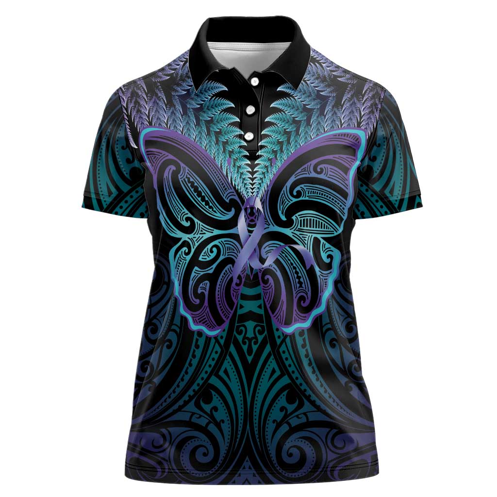 Suicide Prevention New Zealand Women Polo Shirt Aotearoa Maori Butterfly Mix Silver Fern - Polynesian Pride