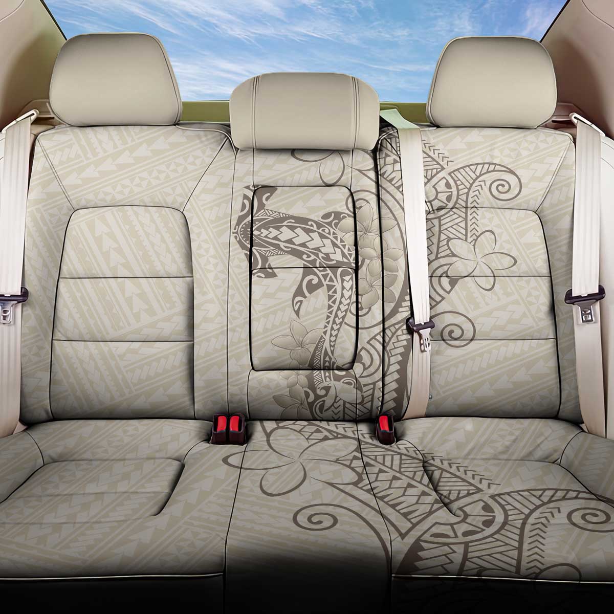 Beige Hawaii Back Car Seat Cover Hammerhead Shark Tattoo Curve Polynesian - Polynesian Pride
