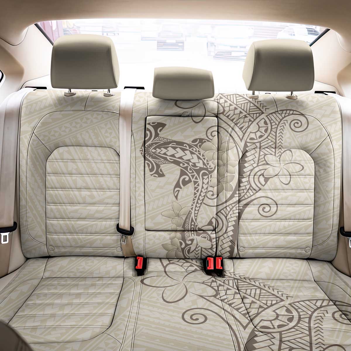 Beige Hawaii Back Car Seat Cover Hammerhead Shark Tattoo Curve Polynesian - Polynesian Pride