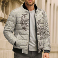 Beige Hawaii Bomber Puffer Jacket Hammerhead Shark Tattoo Curve Polynesian - Polynesian Pride