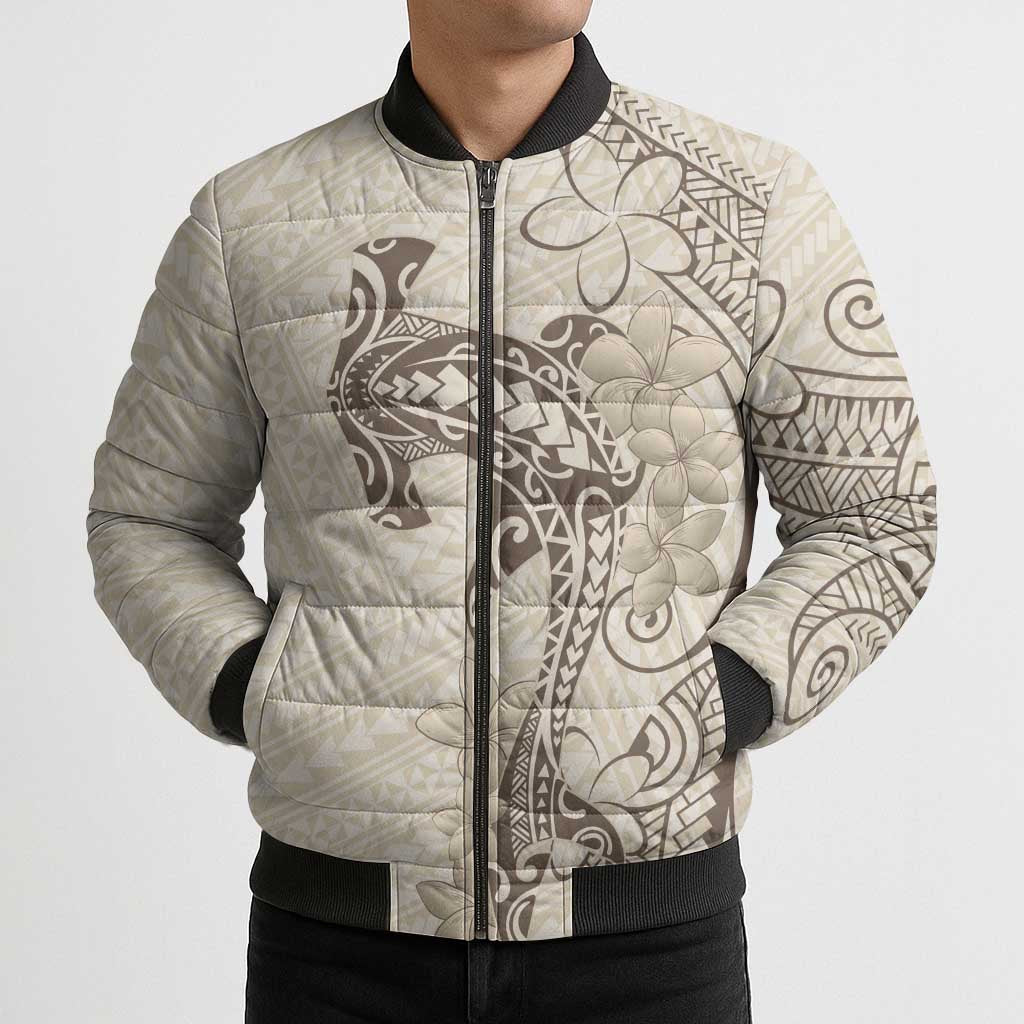 Beige Hawaii Bomber Puffer Jacket Hammerhead Shark Tattoo Curve Polynesian - Polynesian Pride