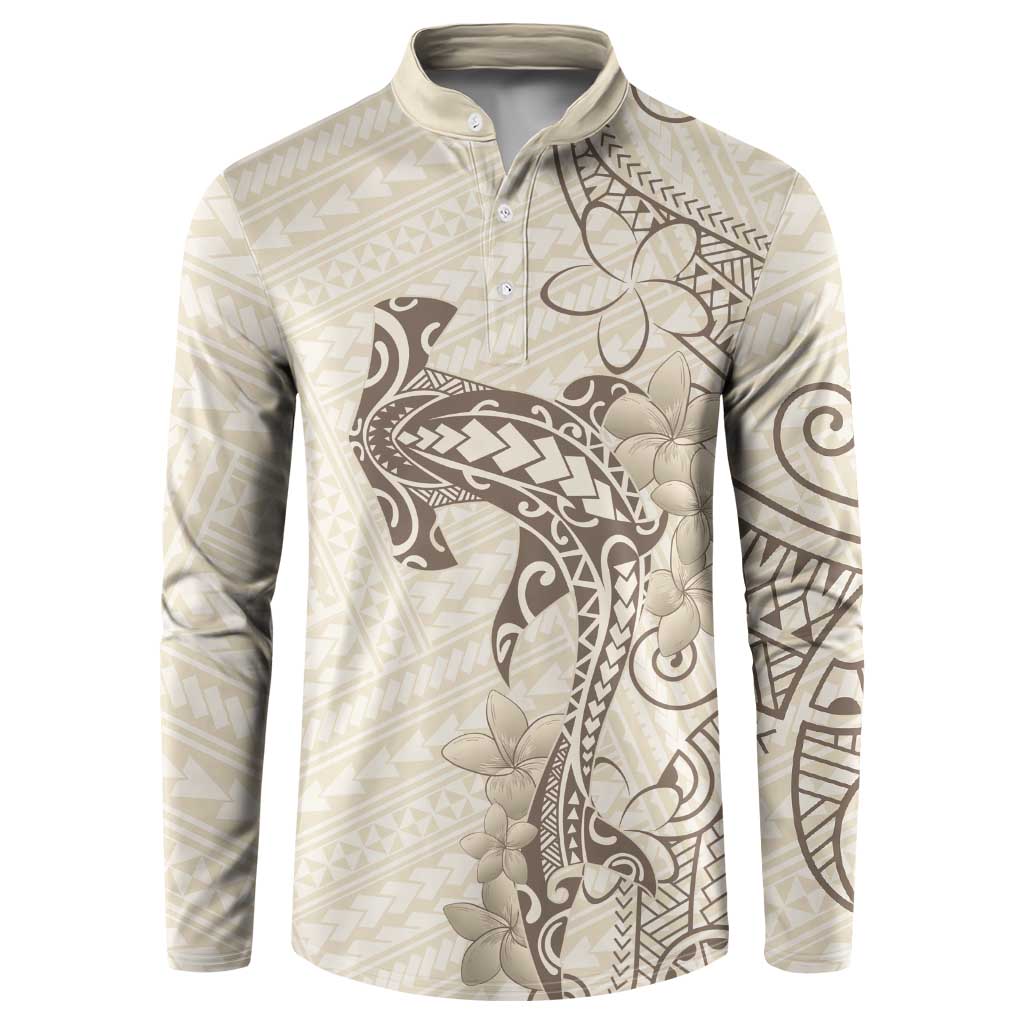 Beige Hawaii Button Sweatshirt Hammerhead Shark Tattoo Curve Polynesian - Polynesian Pride