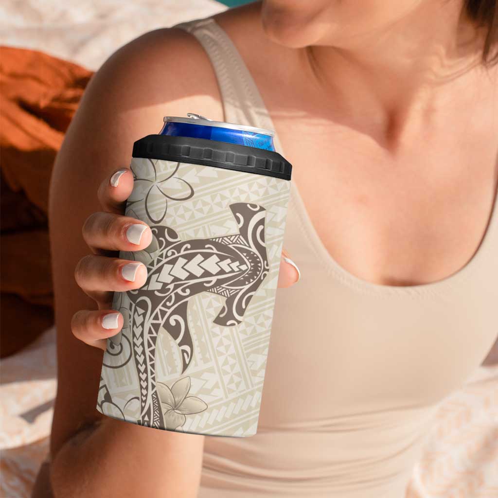 Beige Hawaii 4 in 1 Can Cooler Tumbler Hammerhead Shark Tattoo Curve Polynesian - Polynesian Pride