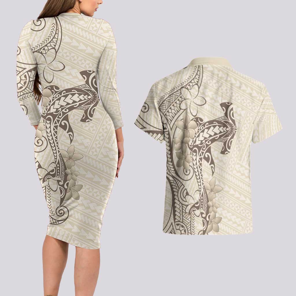 Beige Hawaii Couples Matching Long Sleeve Bodycon Dress and Hawaiian Shirt Hammerhead Shark Tattoo Curve Polynesian - Polynesian Pride